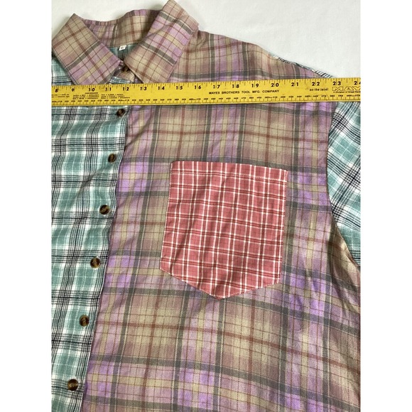 Colorblock Plaid Raw Hem Button Up Shirt Grunge Boho Oversized Size L - Picture 5 of 7